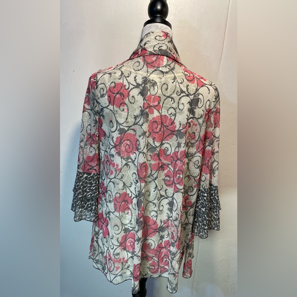 #0231 MULTIPLES Floral Sheer Kimono Cardigan w/ Leopard Layered Flare Sleeves-S - Picture 3 of 9